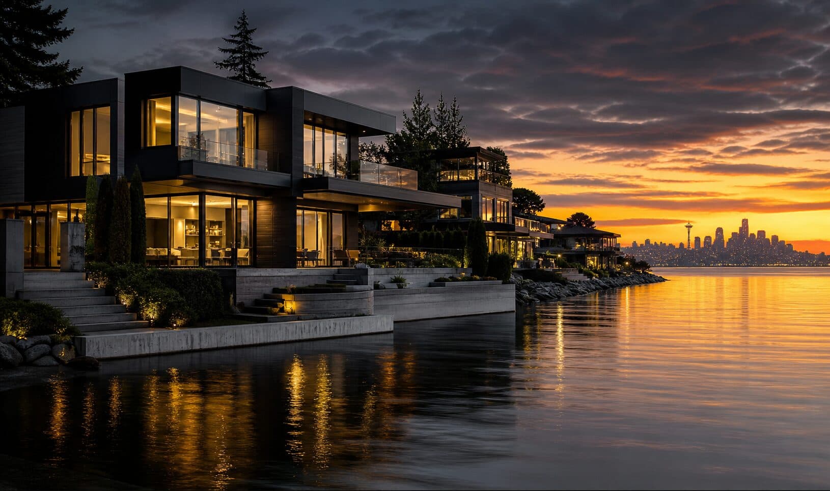 Luxury Seattle waterfront home at twilight overlooking the skyline