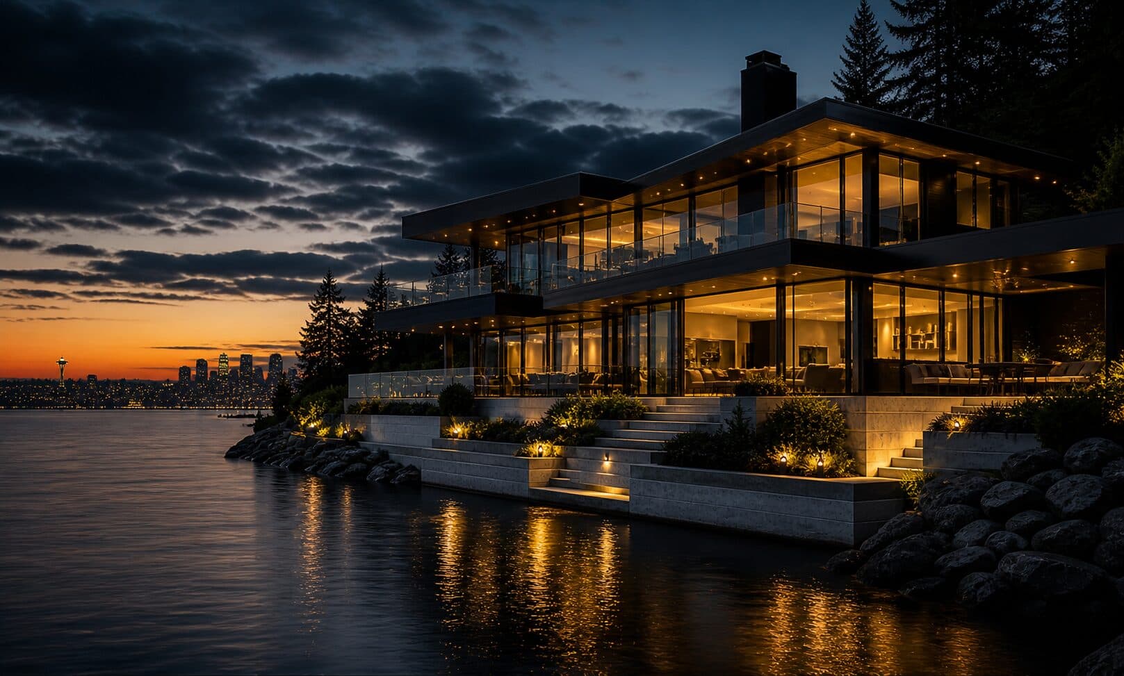 Luxury Seattle home exterior at twilight