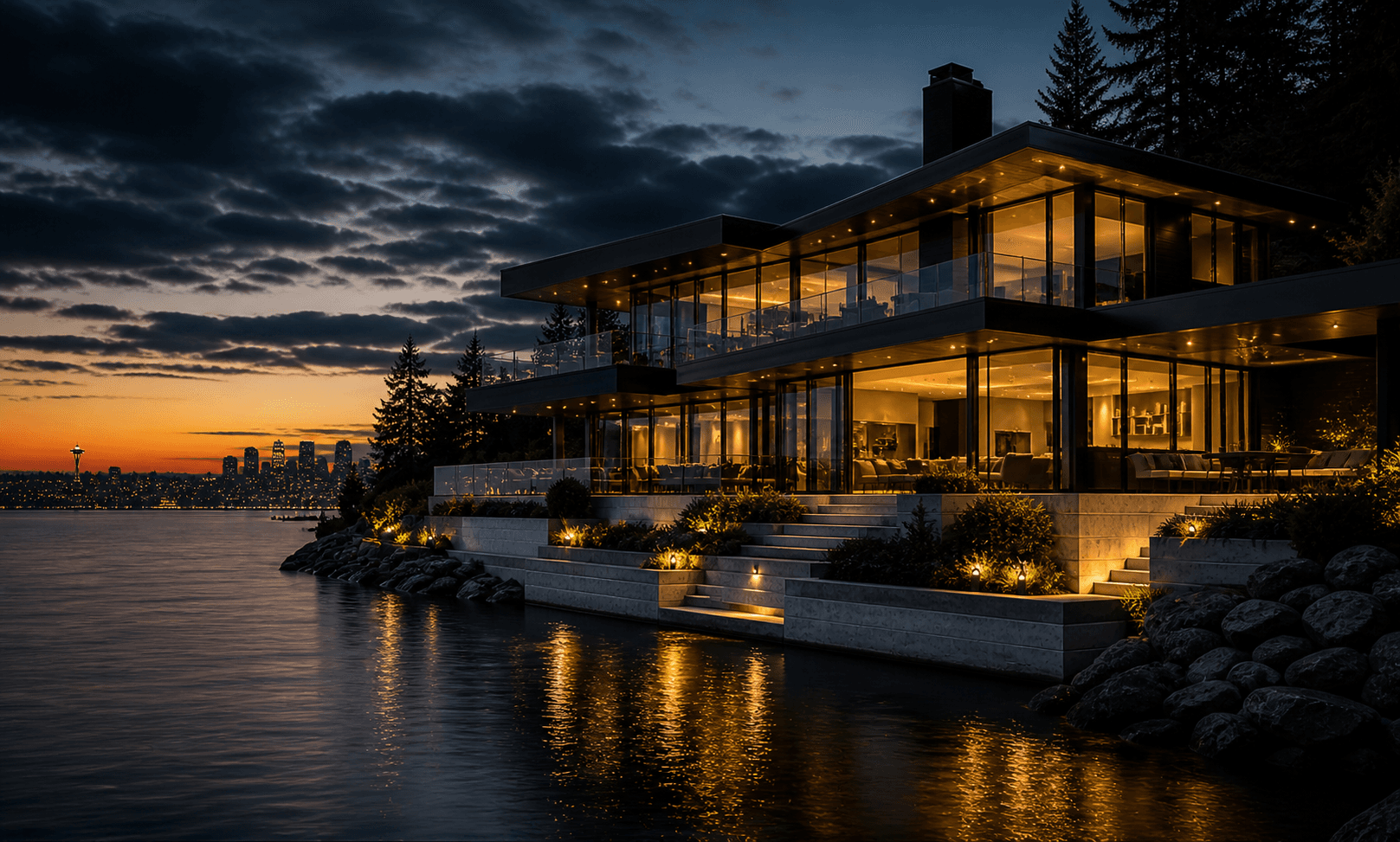 Luxury Seattle home exterior at twilight