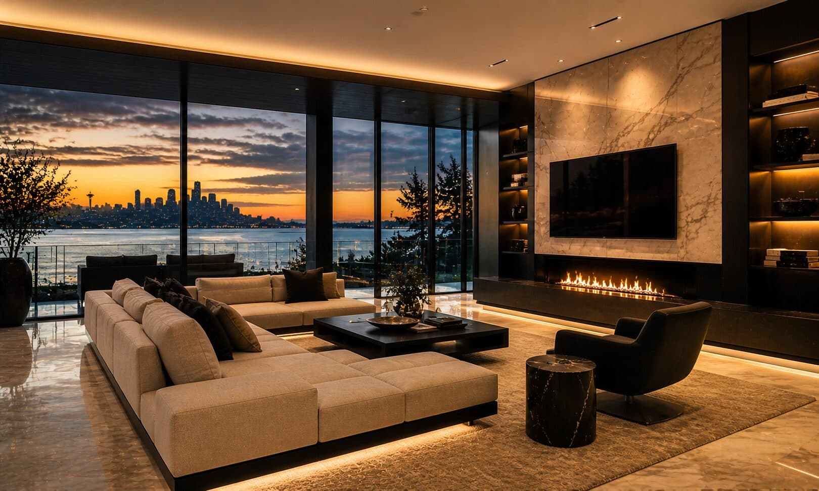 Luxury Seattle home interior at twilight