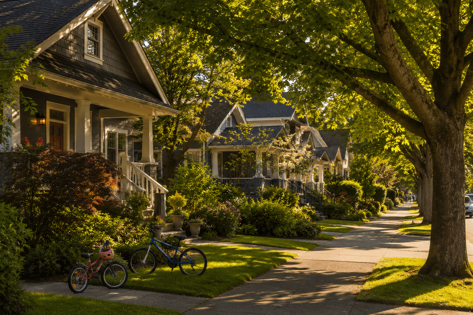Tree-lined Seattle street in a family neighborhood near a top-rated school