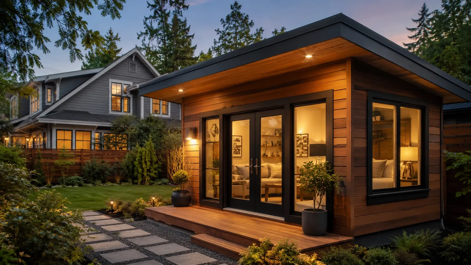 Modern backyard accessory dwelling unit behind a Seattle craftsman home with landscaped yard