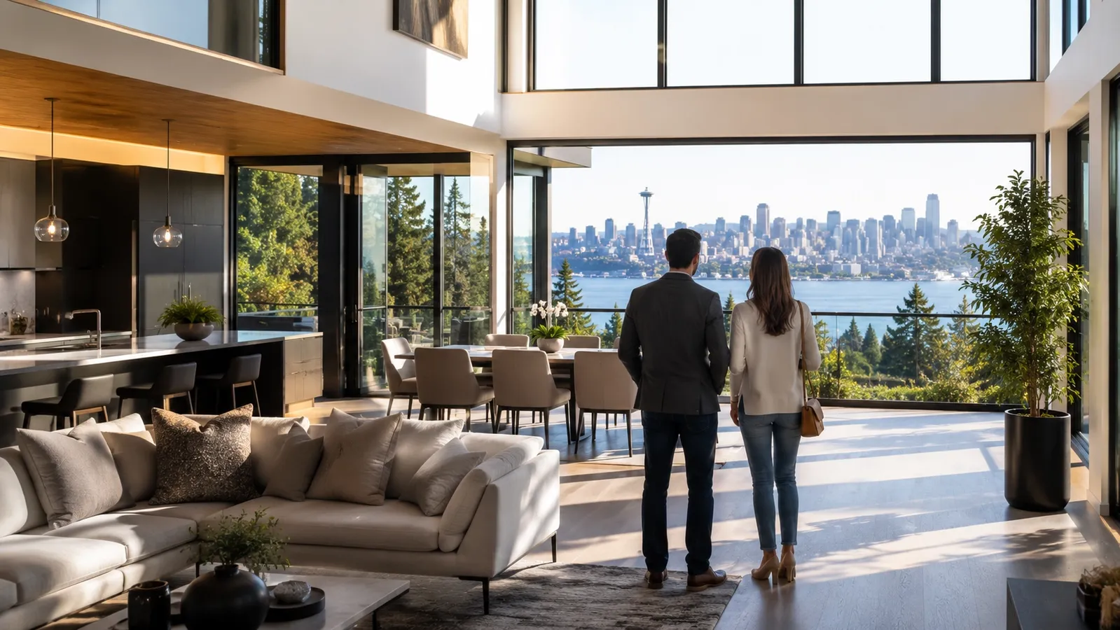 Well-dressed couple touring a bright, modern Seattle luxury home interior with large windows