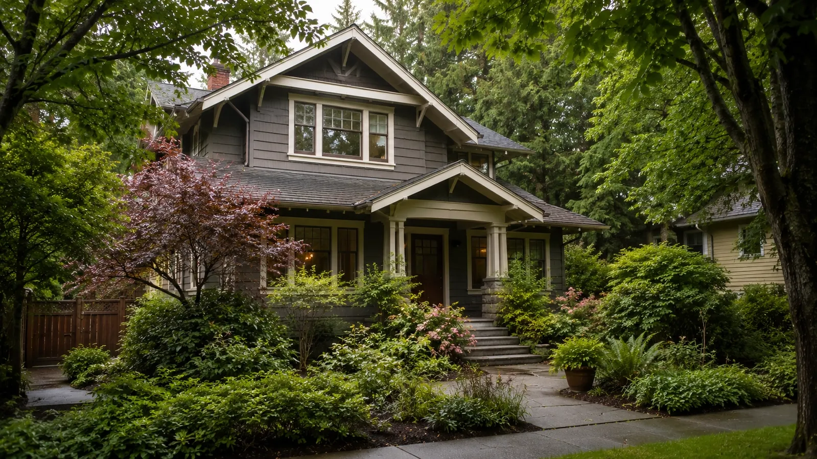 Craftsman-style Seattle home with a mature garden inherited from a family estate, soft morning light