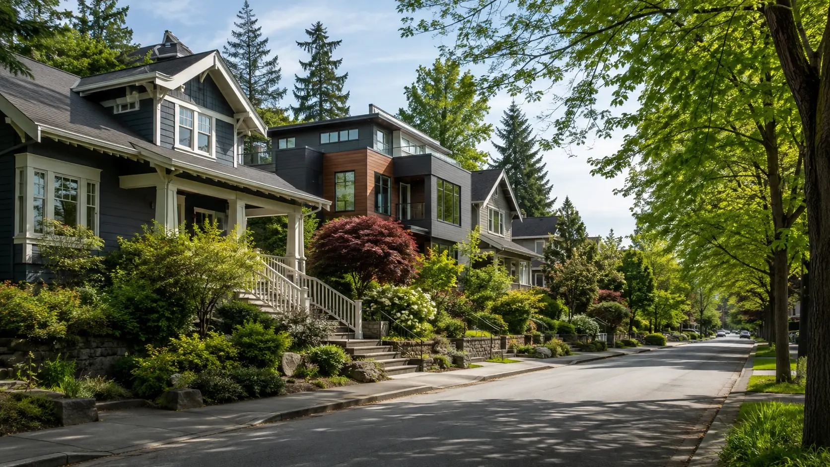 Seattle residential street with a mix of craftsman and modern homes under a soft afternoon sky
