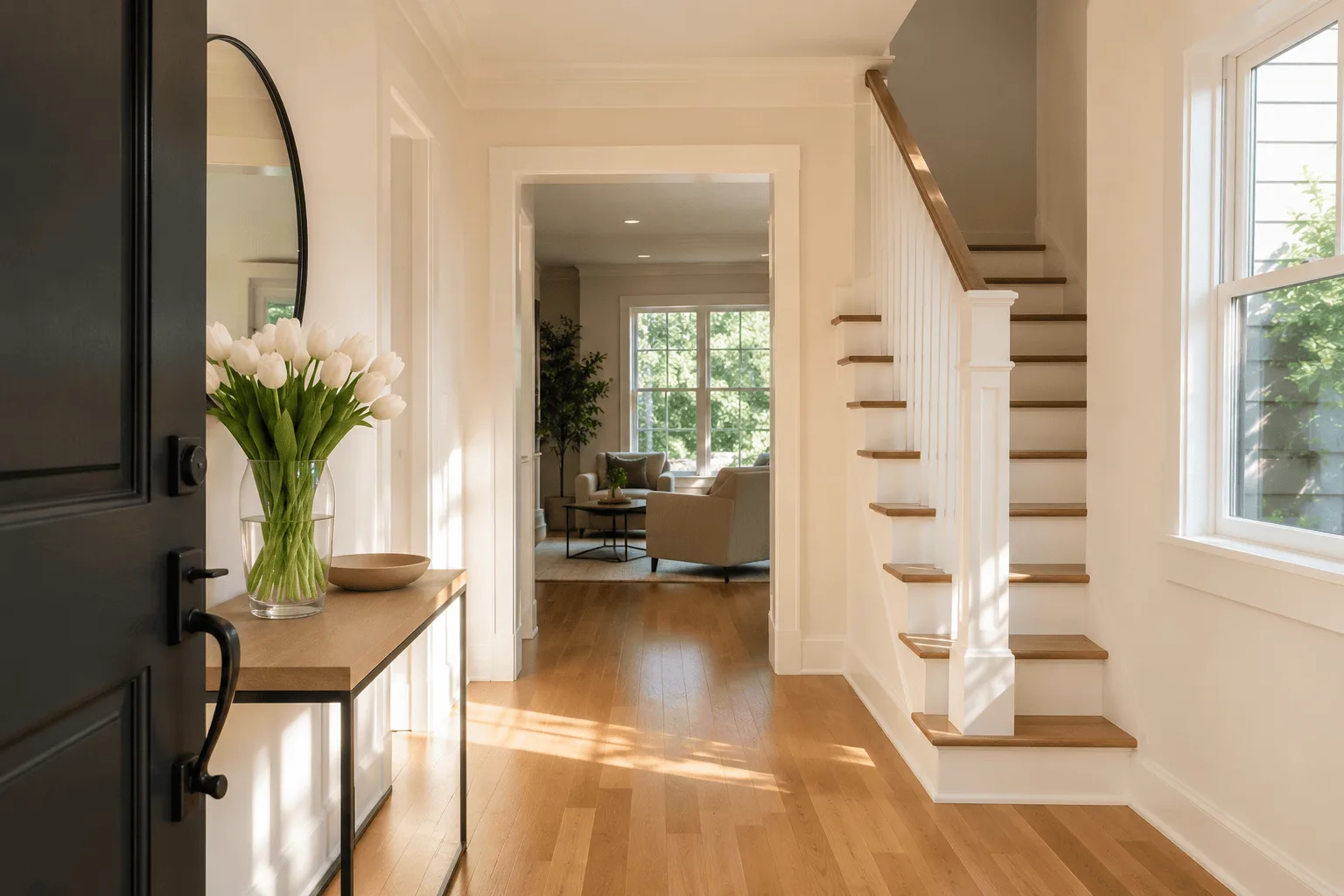 Beautifully prepared Seattle home entry with fresh flowers and clean sightlines