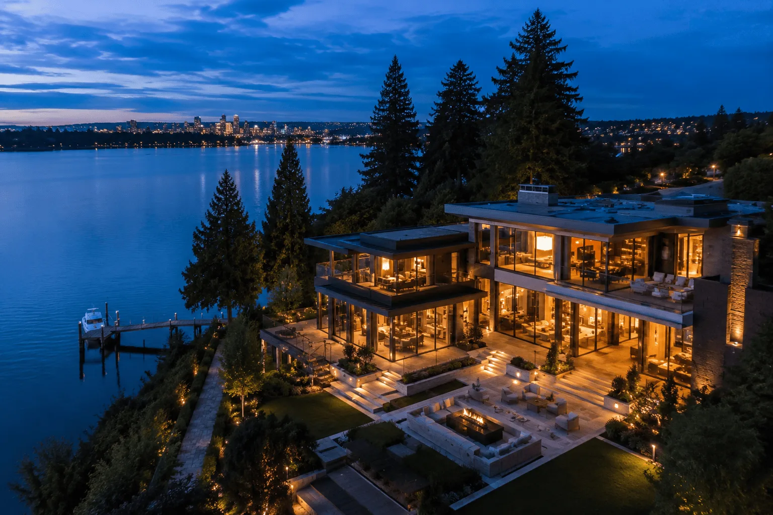 Panoramic view of a Seattle luxury estate at twilight with city lights reflecting on the water