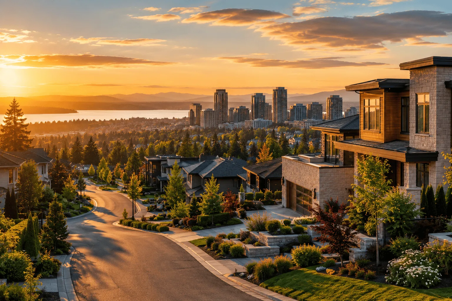 Bellevue Washington luxury residential neighborhood at golden hour