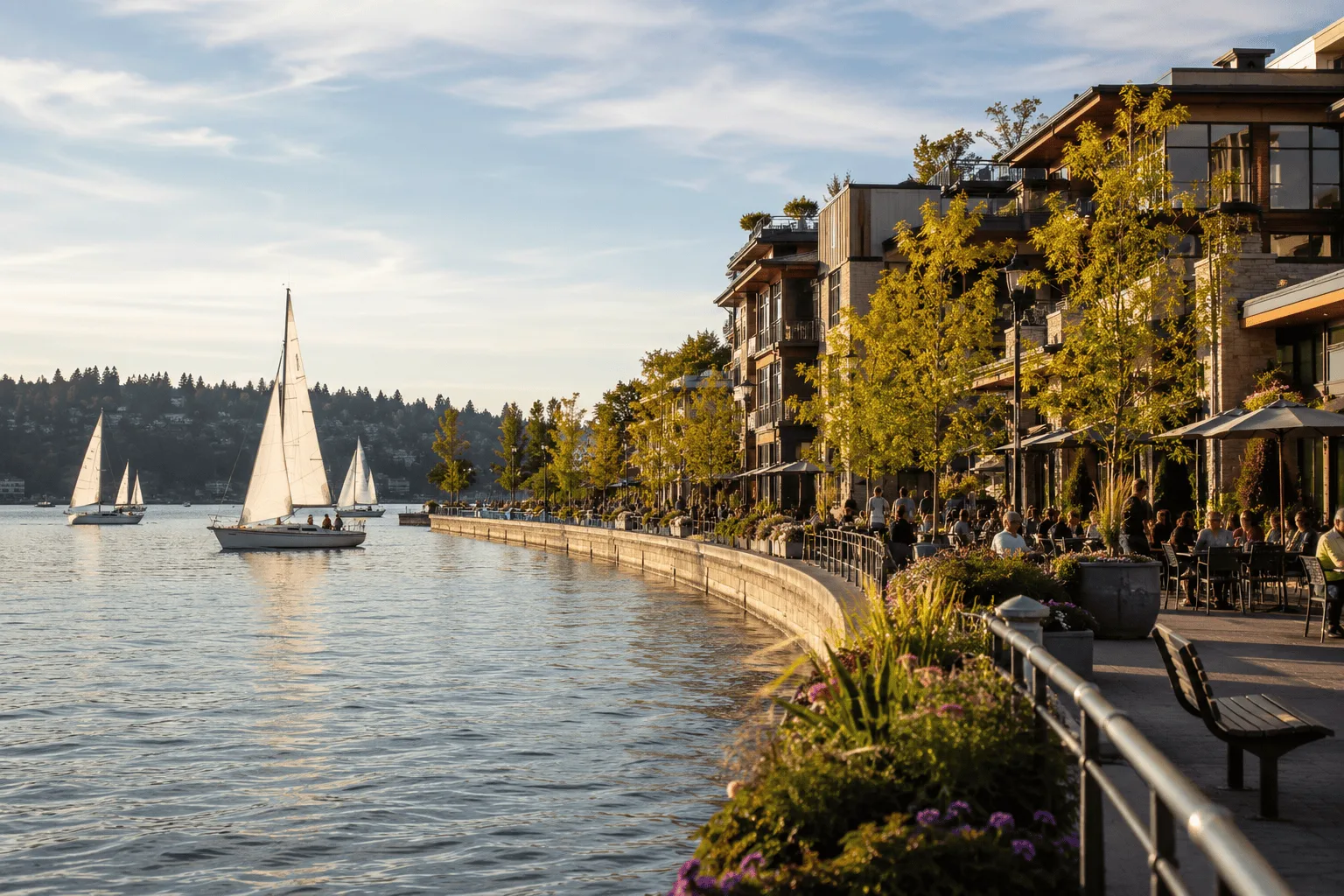 Kirkland Washington waterfront promenade along Lake Washington