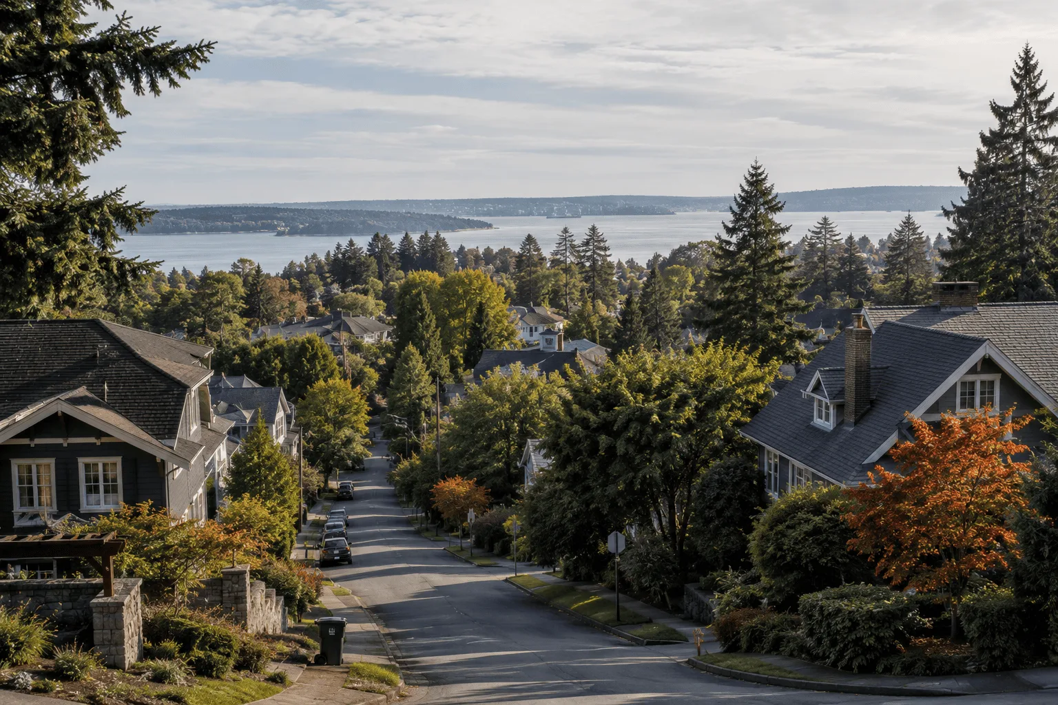 Magnolia Seattle residential neighborhood with Puget Sound views through mature trees