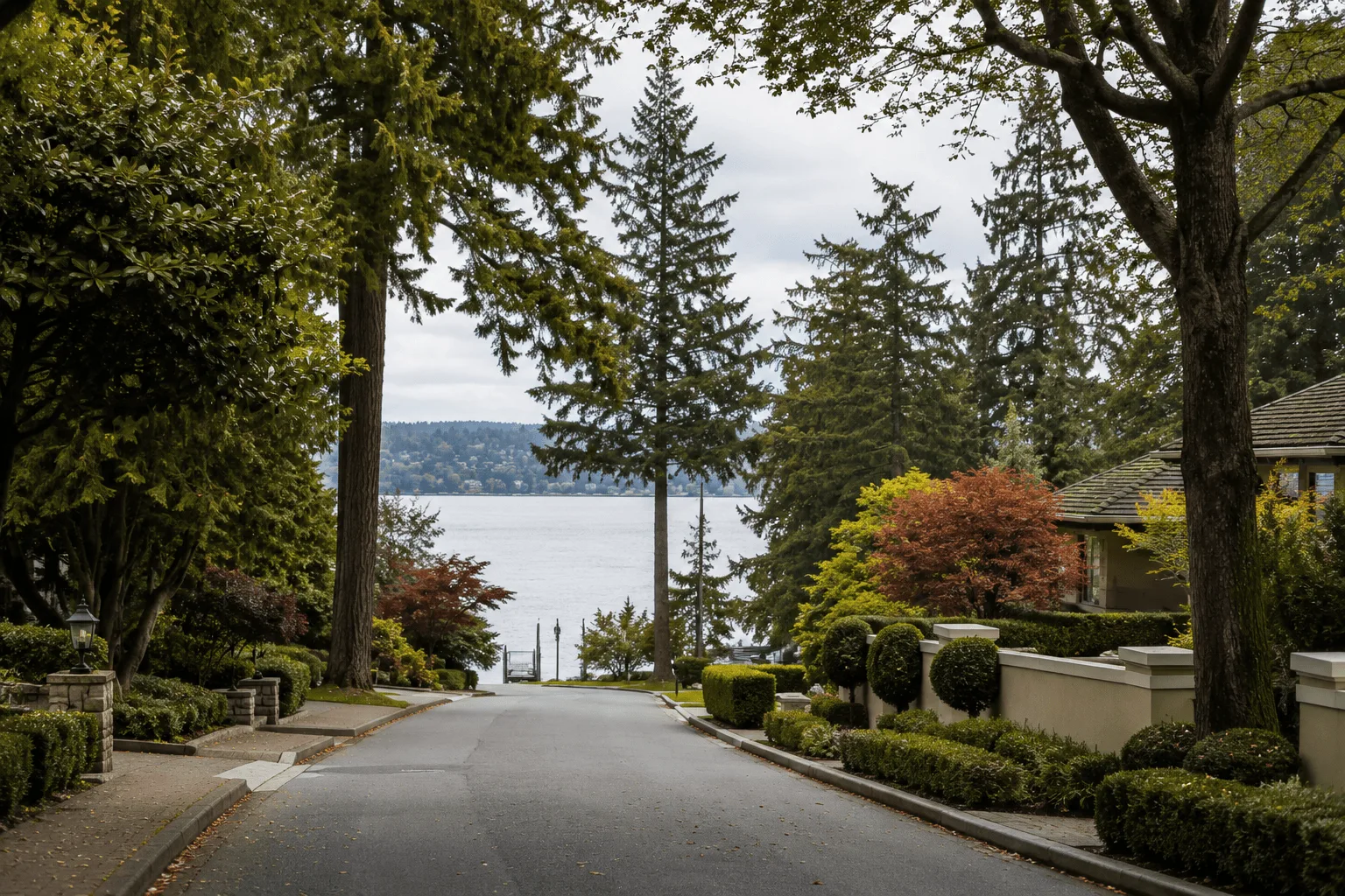 Medina Washington private lakeside residential street with mature trees