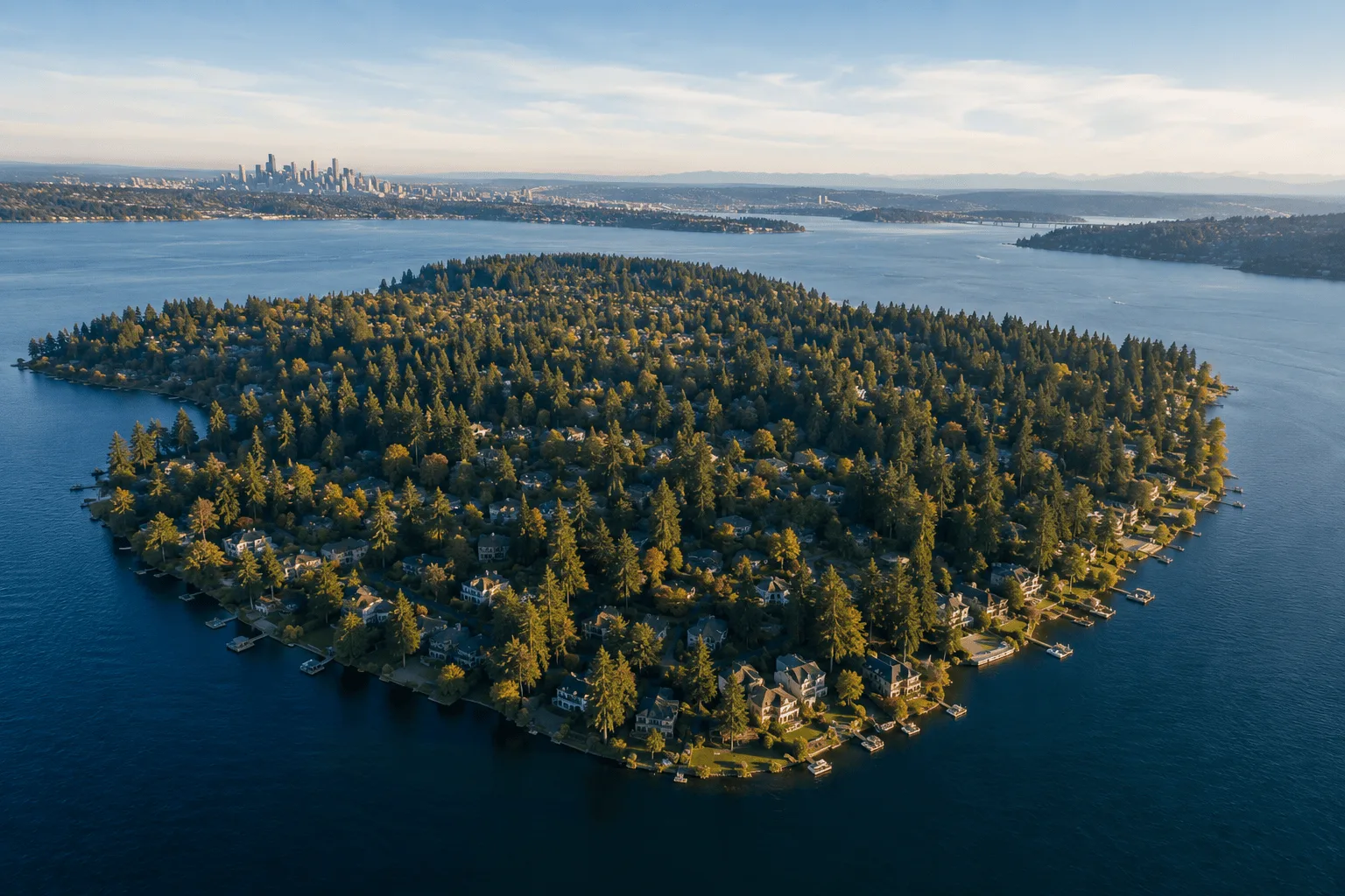 Aerial view of Mercer Island surrounded by Lake Washington