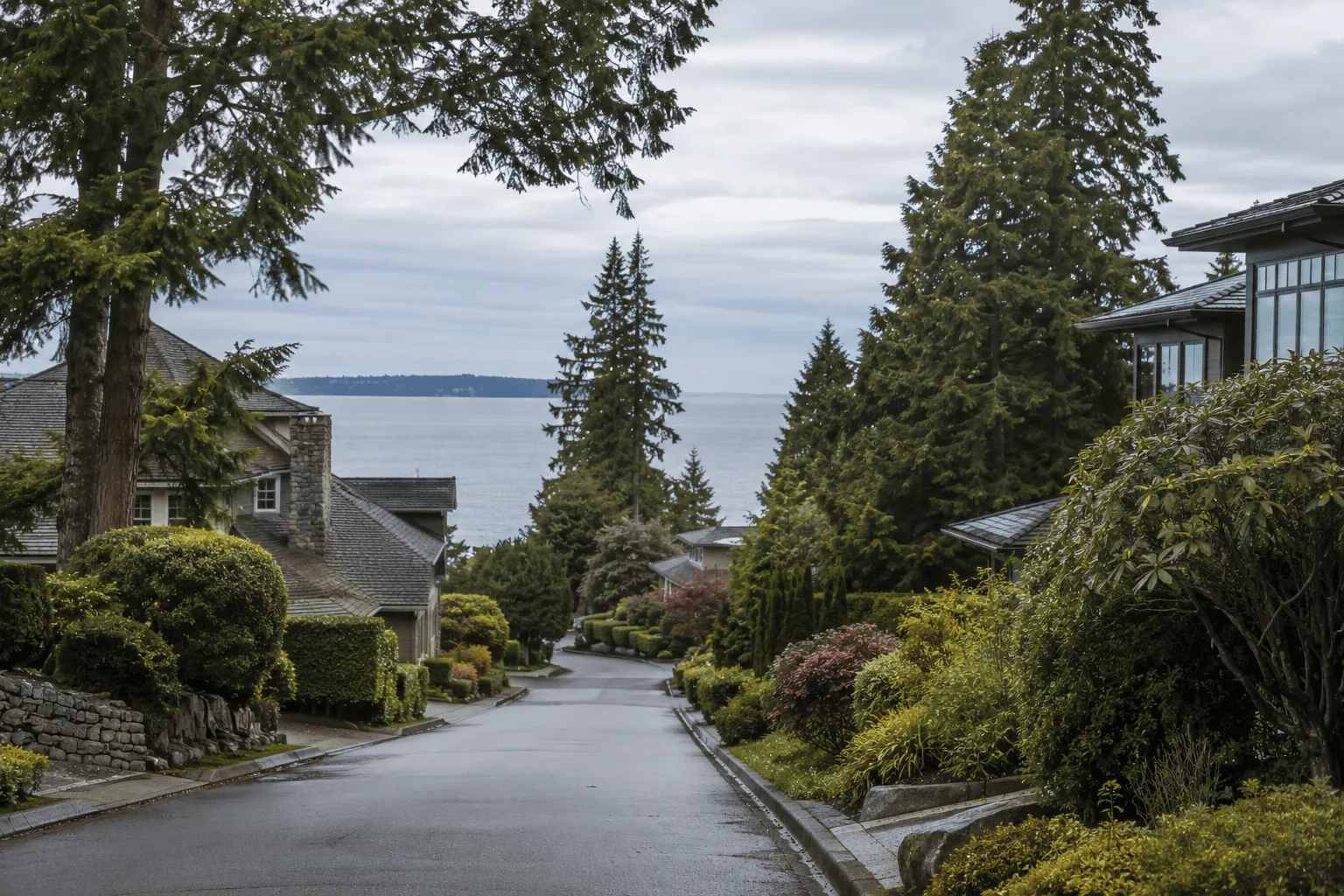 North Beach Seattle residential street near Puget Sound with mature Northwest landscaping