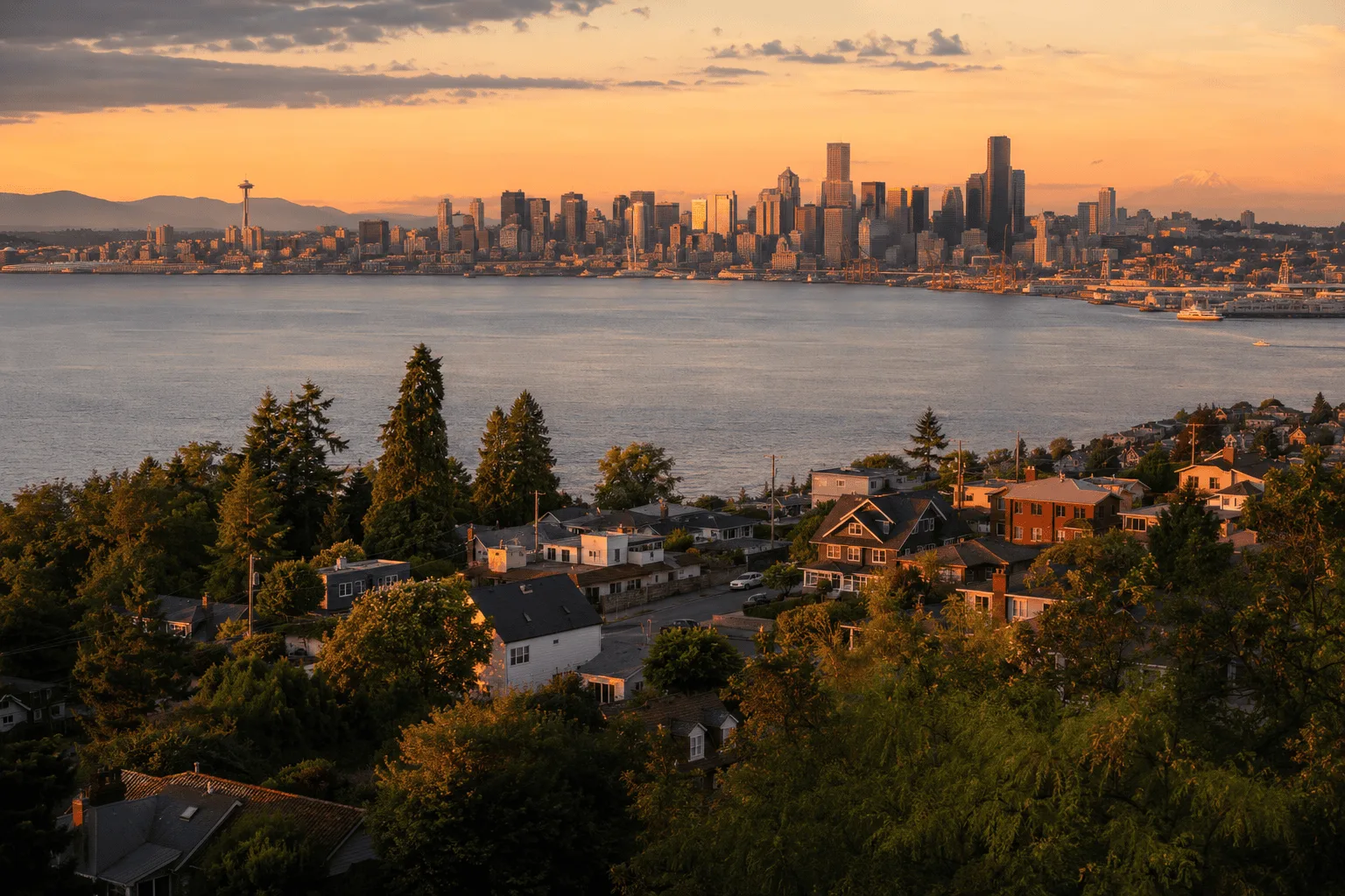 West Seattle bluff view looking east toward Seattle skyline across Elliott Bay
