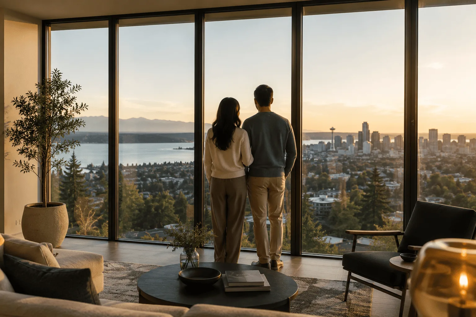 Seattle luxury home interior with floor-to-ceiling windows, representing the home buying process