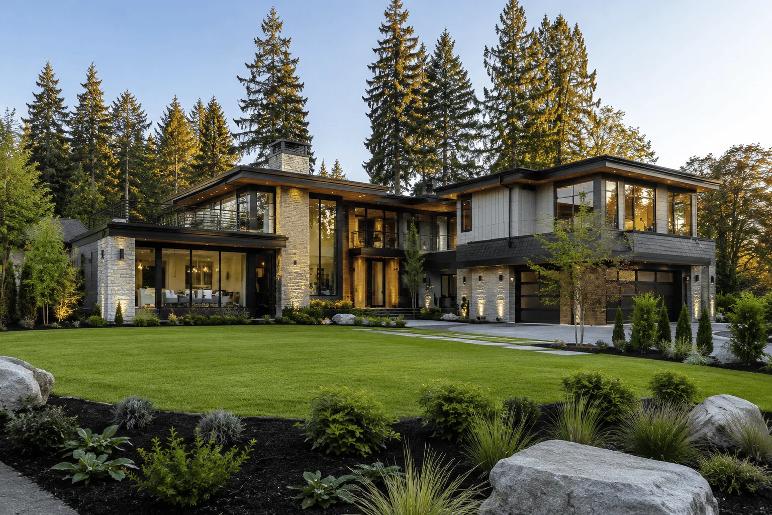 Bellevue Washington luxury home exterior with professional landscaping at dusk