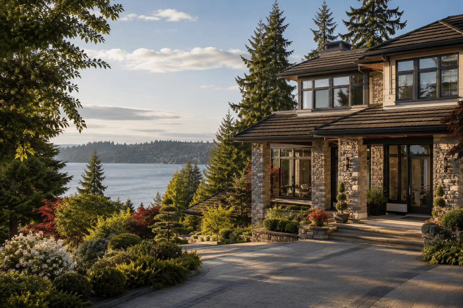 Kirkland Washington luxury waterfront property on Lake Washington at sunset