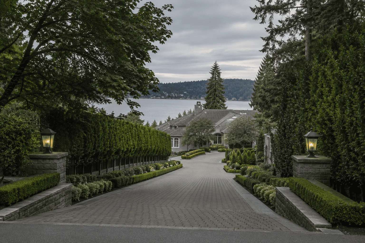 Medina Washington lakefront luxury estate at golden hour with private dock