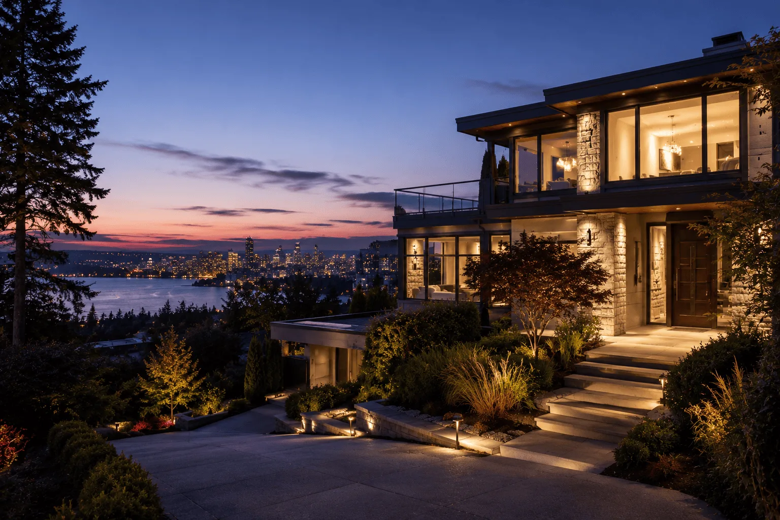 Seattle luxury residential neighborhood with water views and Pacific Northwest architecture