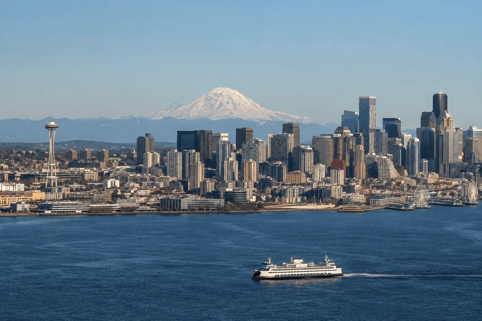 Seattle skyline viewed from the water with Mount Rainier in the background