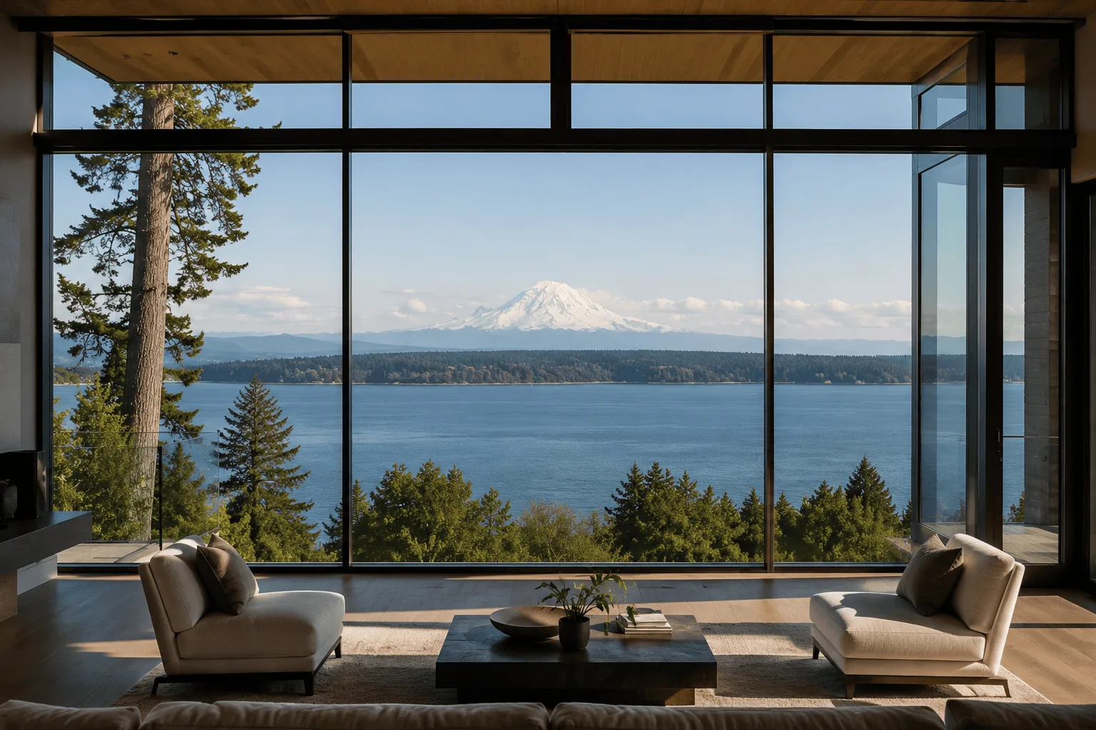 Seattle luxury living room with panoramic floor-to-ceiling views of the city skyline and Puget Sound