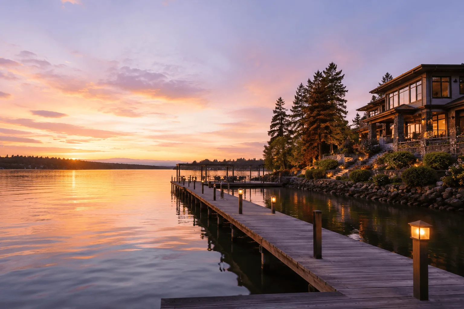 Seattle area waterfront home with private dock reflected in calm lake at sunrise